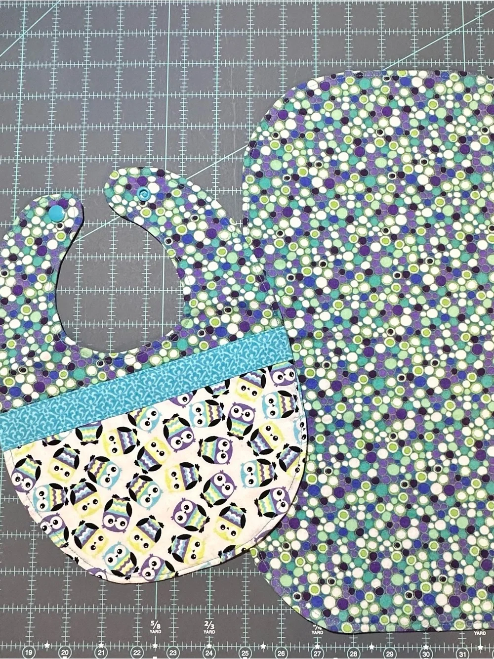 Owl Print Baby Bib and Matching Burp Cloth - Purple, Teal, Green